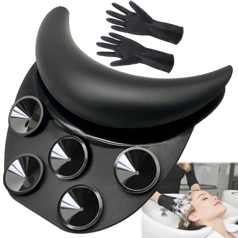 lot 61587 image: Shampoo Bowl Neck Rest for Sink, Silicone Neck Rest Cushion with Suction Cup, Non-Slip Hair Washing Sink Neck Support for Wash Basin with Hair Dye Gloves - Retail $12