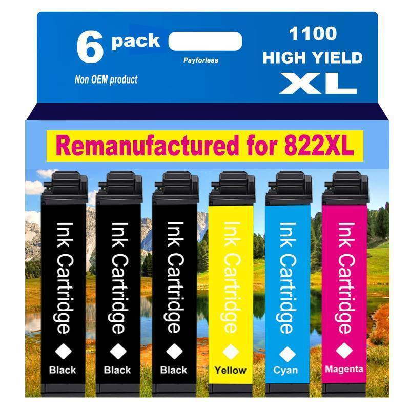 lot 61597 image: 822XL Ink Cartridges Combo Pack for 822 XL for Workforce Pro WF-3820 WF-3823 WF-4820 WF-4830 WF-4833 WF-4834 Printer 3 Black 1 Cyan 1 Magenta 1 Yellow - Retail $53