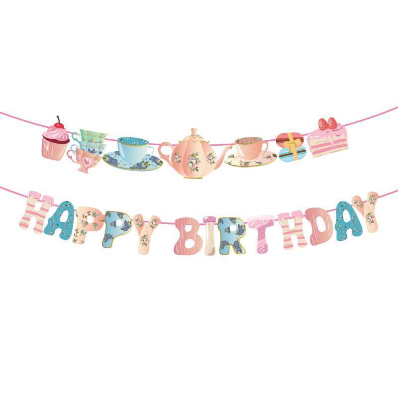 lot 61620 image: Tea Happy Birthday Banner, Mad Hatter, Tea Party Supplies, Decorations for Girls, Boys, Kids, Home, Classroom, School, Office, Baby Shower,1st Birthday - Retail $9