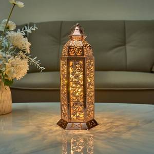 lot 43912 image: 12 Inch Moroccan Style Temple Hollow Iron Lantern, Vintage Ramadan Lamp Home Decoration Lights Ornaments, anging Metal Candle Holders Battery Operated for Table Indoor Decor Rose Gold