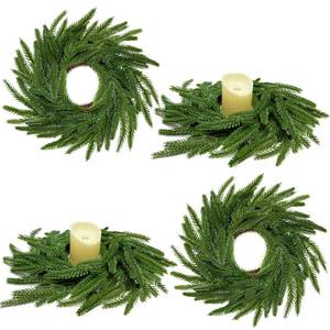 lot 43920 image: 13.5 Inch Norfolk Pine Wreath Candle Rings, 4 Pcs Realistic Soft and Full Mini Christmas Wreath Table Centerpieces Candle Wreaths for Pillar Candles Cedar Small Wreaths for Cabinets Kitchen Windows - Retail $16