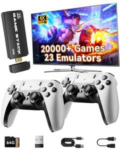 lot 43921 image: Retro Gaming Console, 20,000 Retro Game Stick, 4K HD HDMI TV Game Stick, Built-in Classic Video Games 23 Emulators Plug & Play Game Console for TV with 2 Wireless Controllers - Retail $60
