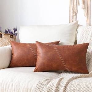 lot 43927 image: Set of 2 12X20 Inch Faux Leather Lumbar Boho Throw Pillow Covers Brown, odern Farmhouse Rectangle Camel Stitched Home Decor Pillow Cover, for Room Couch Bed Living Bedroom Outdoor