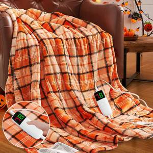 lot 43940 image: Orange Heated Throw Blanket Electric, 50X60 Heating Throw with 10 Heats Levels&8 Hours Auto Off&Timer for Lap, Plaid Soft Sherpa Orange Blanket Warmer Gift for Women Adults, alloween Home Decor - Retail $30