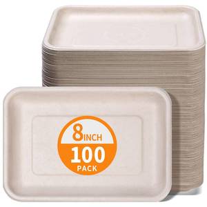 lot 43942 image: 100 Pack 8 Inch Rectangle Paper Plates, 8 x 6 inch Food Trays Disposable Rectangle Plates for Tacos, Meat, Dessert, Snack