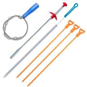 lot 43948 image: 39inch Drain Clog Remover(x1), 20inch Drain Snake Hair Remover(x3) Cleaning Brush(x1), 24inch Sewer Hair Catcher(x1),6 Pack Auger Cleaner Tool Set for Toilet, Kitchen Sink, Bathroom Tub, Sewer - Retail $9