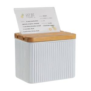 lot 43956 image: Recipe Box with Cards and Dividers Set 4x6 Recipe Holder for Kitchen Counter Metal White Vertical Stripe Pattern Embossed Recipe Card Box with Wooden Grooved Lid - Retail $30