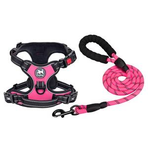 lot 43970 image: Dog Harness and Leash Combo, Escape Proof No Pull Vest Harness, with 5 Feet Leash, Reflective Adjustable Soft Padded Pet Harness with Handle for Small to Large Dogs(Pink,L) - Retail $23