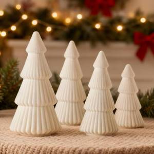 lot 43971 image: 4 Pcs 6 8 10 Christmas Velvet Tree Figurine Decoration, Xmas Cone Tree Set Indoor, Small Tabletop Pine Trees Statue, Mantel Table Centerpiece Home Entryway Winter Holiday Decor, Beige