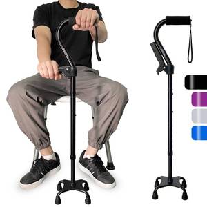 lot 43974 image: Quad Walking Cane Foldable Adjustable Portable Stick Men & Women and Seniors - Lightweight & Sturdy with 4-Pronged Base for Extra Stability Balance, Self Standing. - Retail $29