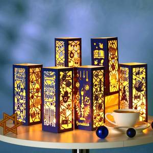 lot 43977 image: 12 Pcs Hanukkah Lantern Boxes with LED Candles Light Table Decorations Centerpieces for Home Party Table Decor Gifts Supplies - Retail $26