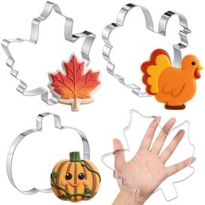 lot 43980 image: 3 Pcs 8 Inch Thanksgiving Turkey Cookie Cutters Set Extra Large Stainless Steel Fall Thanksgiving Pumpkin Maple Leaves Turkey Biscuit Cookie Cutter Mold for Baking Party Kitchen Accessory - Retail $18