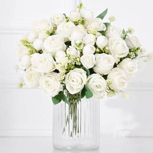 lot 43982 image: Fake Roses Artificial Flowers, 2 Pack Rose Fake Flowers for Decoration, Real Touch White Roses Bouquets Silk Flowers for Vase Centerpiece Table Wedding Party Bridal DIY Decor - Retail $10