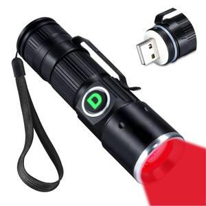 lot 43989 image: Redlight Flashlight Rechargeable USB, LED Mini Red Light Flashlights Focus Adjustable, Flash Light Portable with Pocket Clip for Fishing, Beekeeping, Hunting, Night Astrophotography - Retail $10