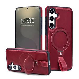 lot 43998 image: Samsung Galaxy S23 Leather Case with Stand, Anti-Slip Grip Ring, Fits for MagSafe (Burgundy, S23-6.1inch) - Retail $12