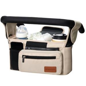lot 44007 image: Momcozy Universal Baby Stroller Organizer, 2 Insulated Cup Holder, Detachable Zippered Pocket, Adjustable Shoulder Strap, Large capacity for baby essentials, Compact Design Fits Any Strollers - Retail $29