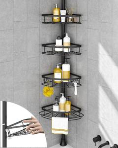 lot 44030 image: Corner Shower Caddy Tension Pole, Rustproof Bathroom Shower Organizer Corner, 4-Tier Adjustable Bathroom Shelf, Solid Rack Ideal for Bathtub Storage, 34 to 116 Inch Height, Black - Retail $60