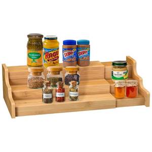 lot 44033 image: Spice Rack Kitchen Cabinet Organizer- 3 Tier Bamboo Expandable Display Shelf Yellow - Retail $21