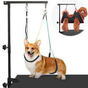 lot 44038 image: Dog Grooming Arm with Pet Grooming Hammock, 35 Pet Grooming Table Arm with Adjustable No Sit Haunch Holders, Dog Grooming Stand with Loop Noose for Small and Medium Pets - Retail $45