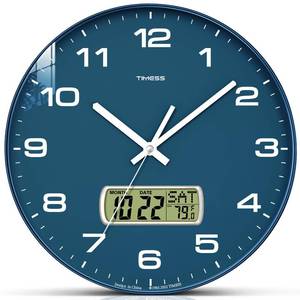 lot 44039 image: Wall Clock, 12 Dial Non-Ticking Silent Battery Operated Analog with LCD Display for Perpetual Calendar and F° Temperature, Ideal Modern Home, Bedroom, Kitchen, Office Decor (Blue) - Retail $26