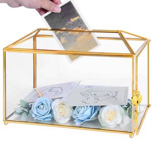lot 44048 image: Glass Wedding Card Box with Lock, 12.6x5.9x9 inches Large Gold Card Boxes for Wedding Reception, Keepsake Display, Graduation, Party Centerpiece Decorative Box - Retail $40