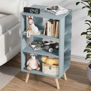 lot 44051 image: Night Stand, Blue Nightstand, Modern End Table with Open Storage, 3-Tier Nursery Bedside Table for Small Space, Living Room, Bedroom - Retail $40
