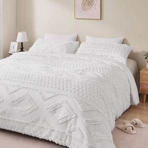 lot 44056 image: King Comforter Set White with Sheets, 3 Pieces Tufted King Comforter Sets Boho Bedding Cream Soft Warm Neutral Comforter Sets for All Seasons - Retail $50