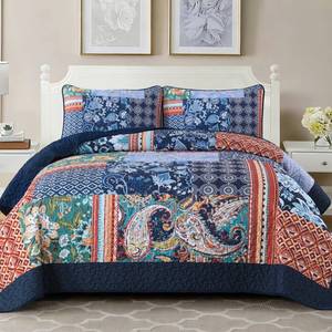 lot 44057 image: Patchwork Quilt Set Queen Size Navy Blue Bedspread Boho Paisley Floral Pattern Quilt Bedding Set, 3 Pieces Blue Bohemian Soft Lightweight Coverlet for All Season 96x90 - Retail $38