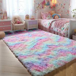 lot 44058 image: Fluffy Soft Area Rug, lush Furry for Girls Bedroom,Shaggy and Kawaii Rug for Playroom, ursery, abys Toddlers Room, ute and Colorful Room Decor for Kids,3x5,Rainbow - Retail $19