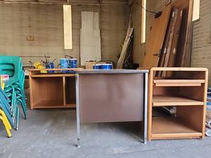lot 11537 image: Metal Office Desk with Wooden Shelving Unit