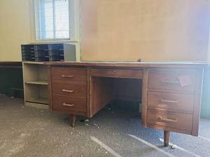 lot 16556 image: Assorted Lot W Wooden Executive Desk, Metal Shelving Unit, Mail Sorter, and Table