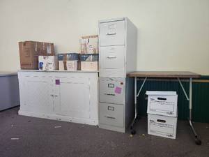 lot 16557 image: Assorted Lot W Metal Filing Cabinets, Table, and White Sideboard