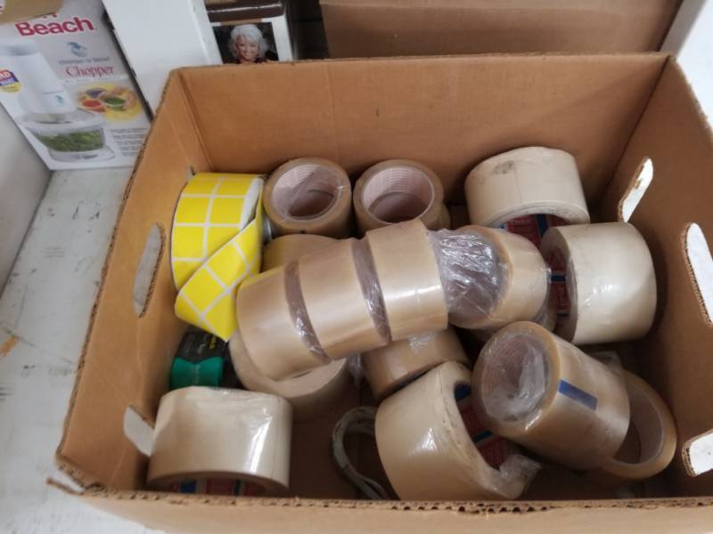 lot 5371 image: Box of Shipping Strapping Tape and Pricing Stickers