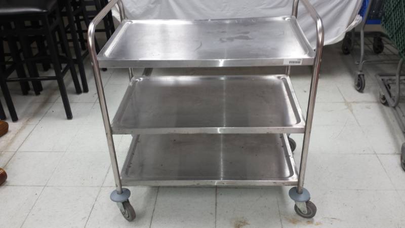 lot 5308 image: Choice 33 34x21x37 18 gauge Stainless Steel 3 Shelf Utility Cart on Locking Casters