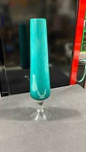 lot 1026 image: Tall turquoise glass vase 19 in tall