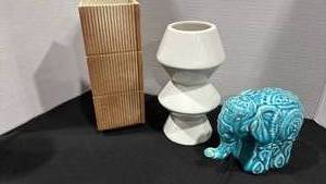 lot 1086 image: Turquoise Glazed Ceramic Elephant with Geometric White Planter and Retro Square Vase