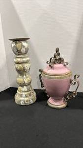 lot 1087 image: Shabby Chic Candle Stick with Pink Ceramic and Metal Urn