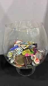 lot 1090 image: Large Glass Brandy Snifter with Vintage Matchbooks and Pins