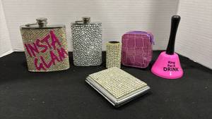 lot 1093 image: Glam Flasks, Cigarette Box, Lighter Case with Rhinestones and More