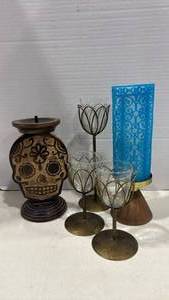 lot 1102 image: Wood Skull Candle Holder, Three Glass Metal Votive Holders and Battery Candle with Holder