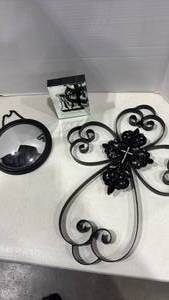 lot 1133 image: Black Metal Wall Art Cross with Round Mirror and Letter M