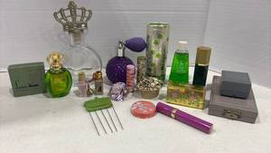 lot 1135 image: More Vintage Beauty Products with Perfume Bottles and more. Greens and Purple