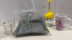 lot 1140 image: Silver Tray with Glasses, Mug and Chopper