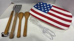 lot 1142 image: American Flag Platter with Wood and Metal BBQ Tools