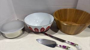 lot 1143 image: Wood, Enamel and Metal Bowls with Serving Utensils