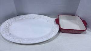 lot 1146 image: Decorative Red and White Casserole Dish and White Christmas Platter