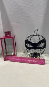 lot 1148 image: Decorative Pink Lantern with Inspirational Quote and Masked Pumpkin Light