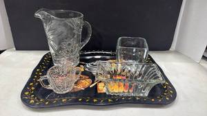 lot 1171 image: Crystal Glass pitcher, sugar bowl and more with Decorative metal Tray