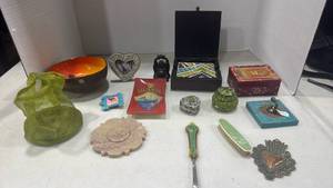 lot 1178 image: Hand-Painted Sunset Coconut Bowl, stone incense holder, small storage boxes and more
