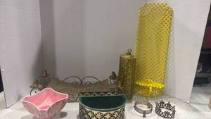 lot 1181 image: Gold Metal Swag Tray Decor Metal Flower Candle Holder, hairspray cover and more